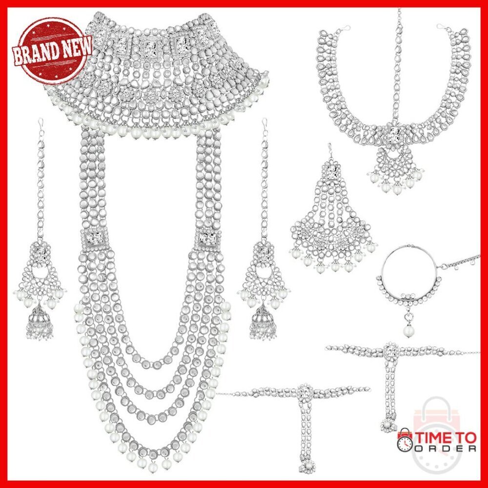 Traditional Indian Wedding Jewelry Set Long Choker Necklace Earrings Maang Tikka